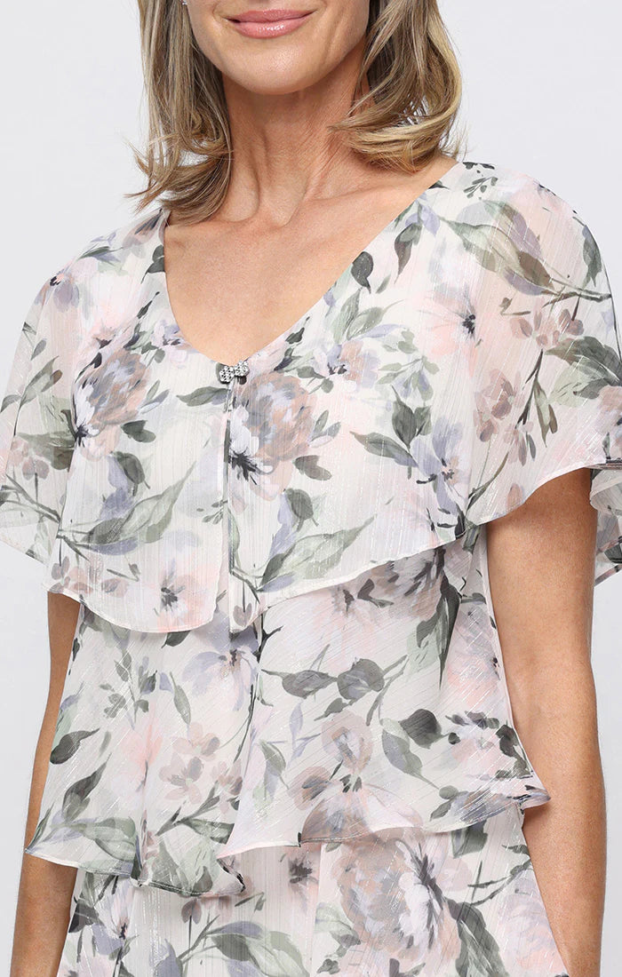 Floral Tiered Capelet Tea Length Dress