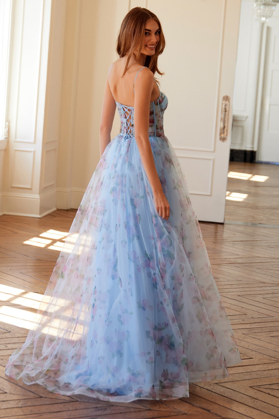 Flowy Floral Print Gown with Lace-Up Corset Bodice