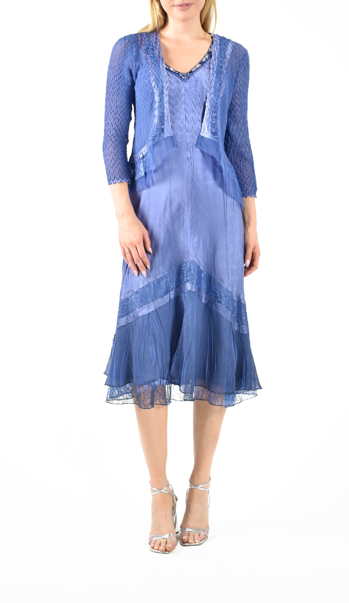 Fregatta Blue Pleated Charmeuse Dress With Jacket