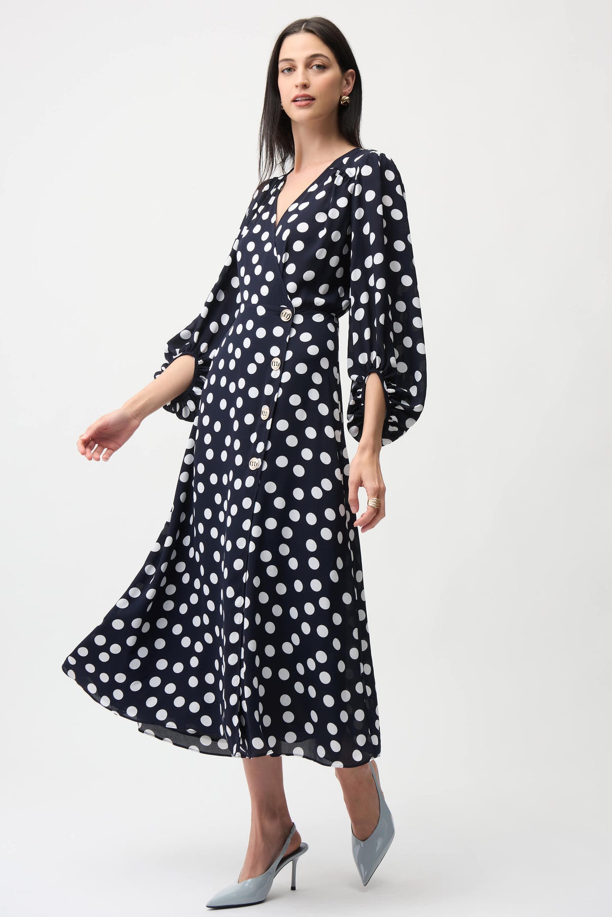 Georgette Dot Print Wrap Dress With Puff Sleeves