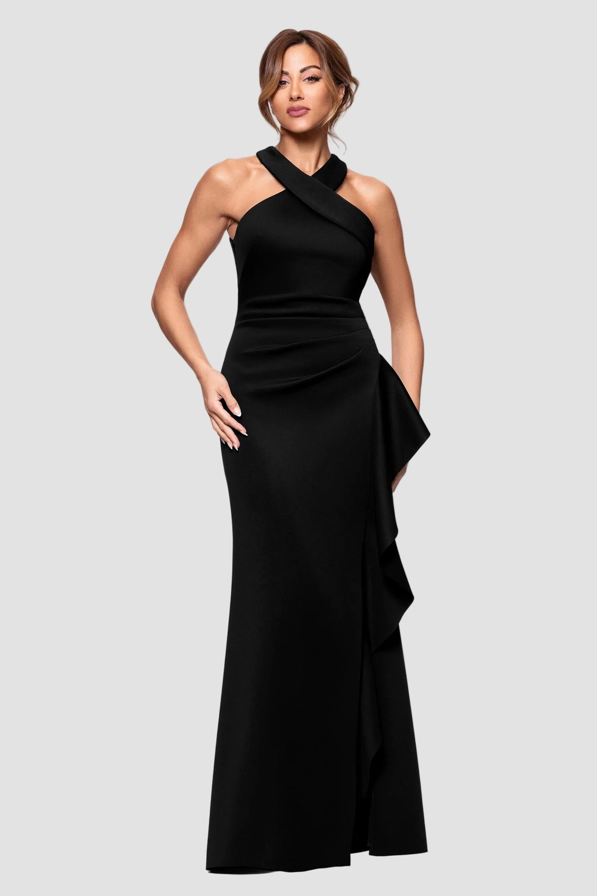 Gigi Cross Halter Neck Gown with Side Ruffle