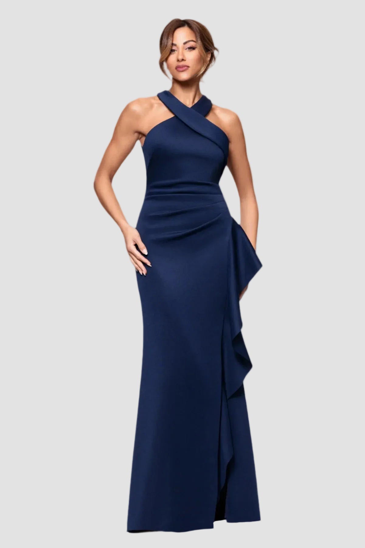 Gigi Cross Halter Neck Gown with Side Ruffle