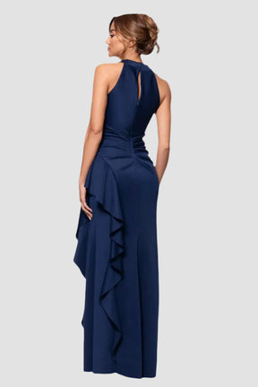 Gigi Cross Halter Neck Gown with Side Ruffle