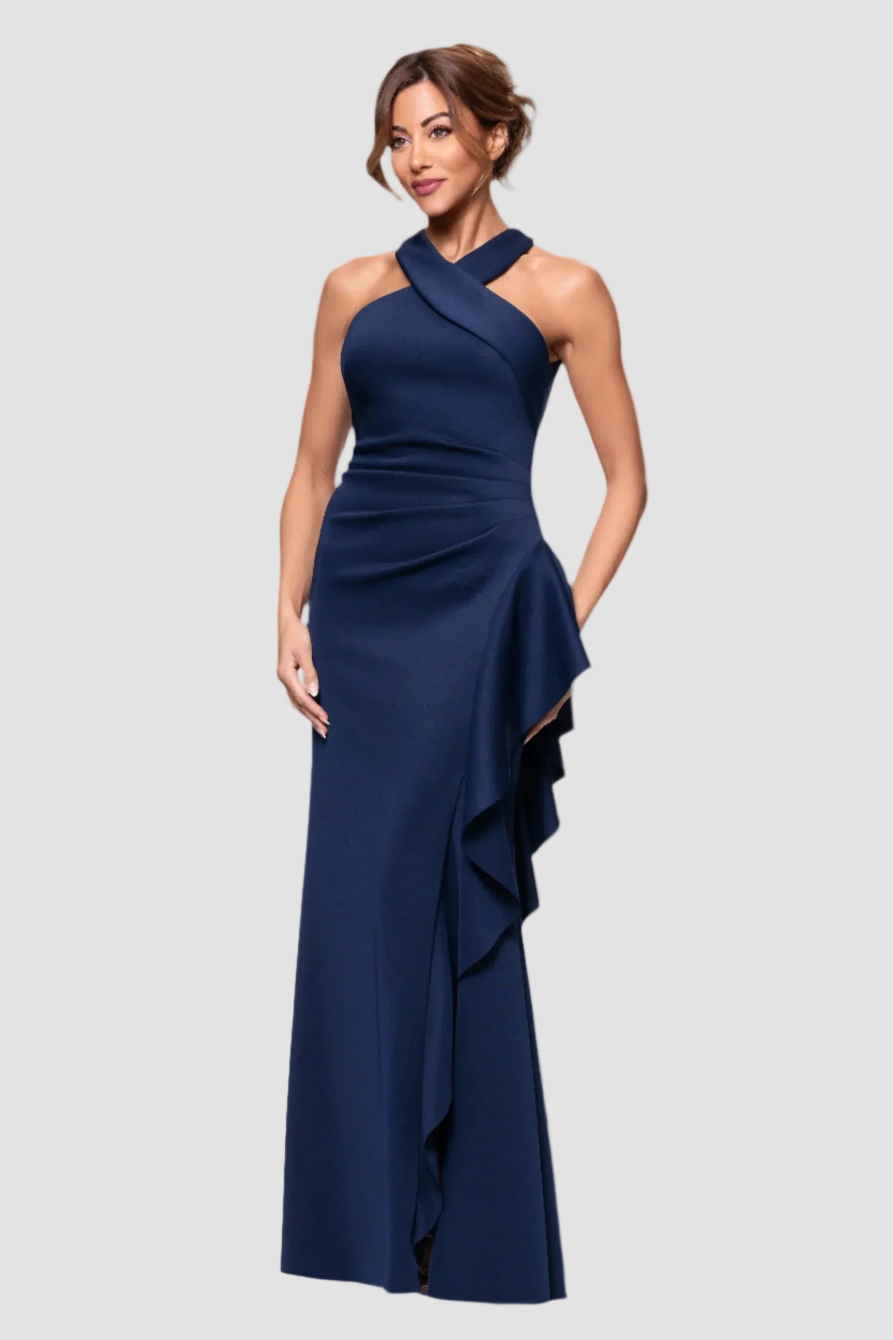 Gigi Cross Halter Neck Gown with Side Ruffle