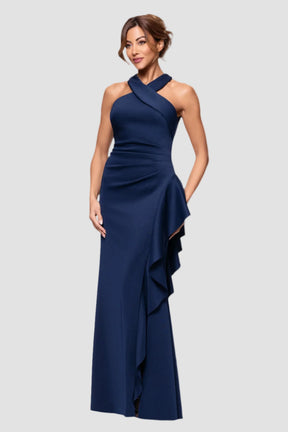 Gigi Cross Halter Neck Gown with Side Ruffle