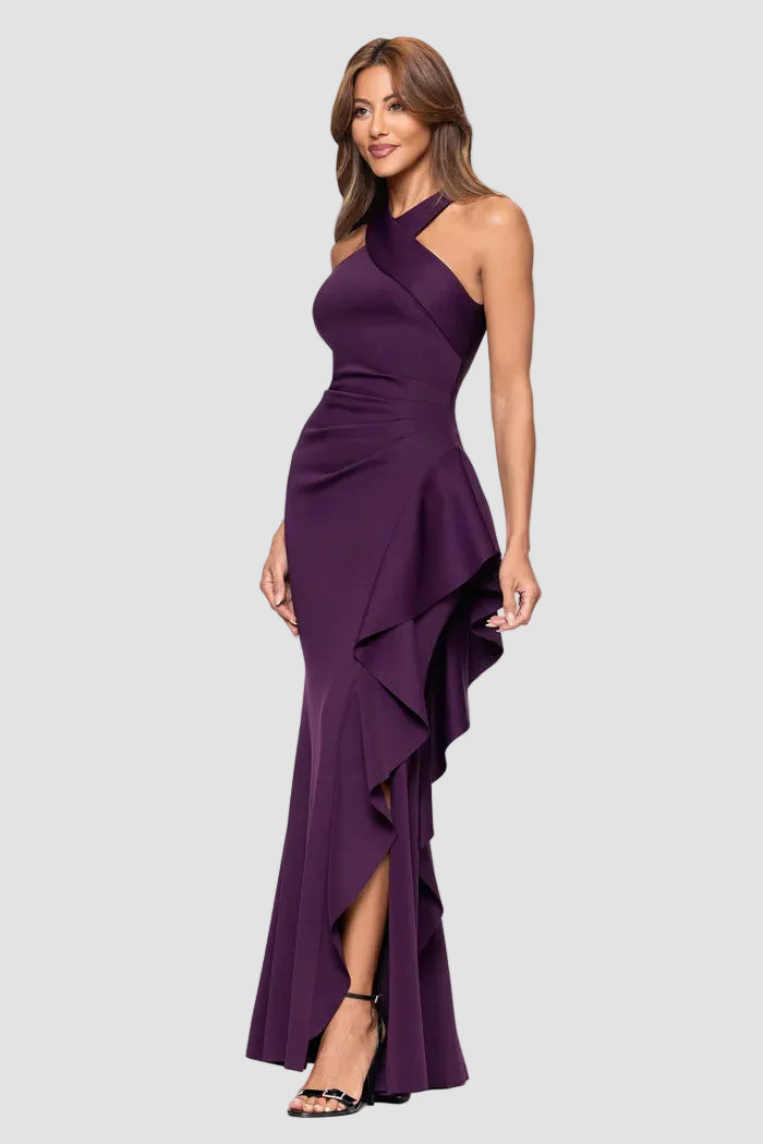 Gigi Cross Halter Neck Gown with Side Ruffle