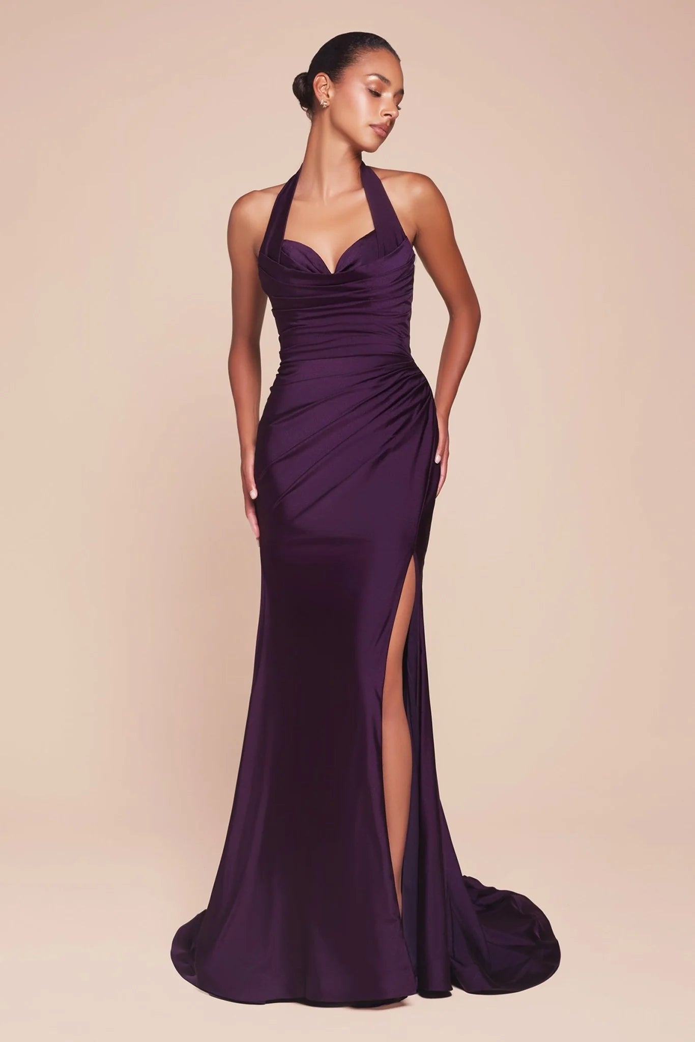 Halter Stretch Satin Gown With Pleated Bodice