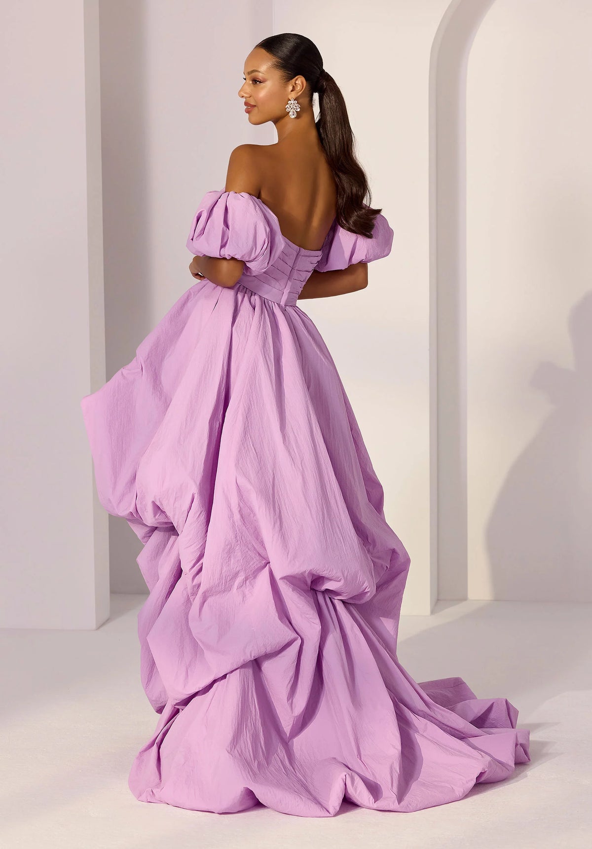 Hi-Low Crepe Taffeta Dress with Detachable Puff Sleeves