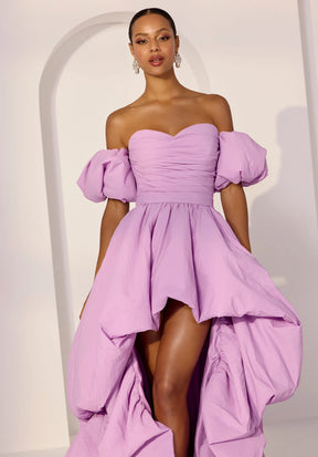 Hi-Low Crepe Taffeta Dress with Detachable Puff Sleeves