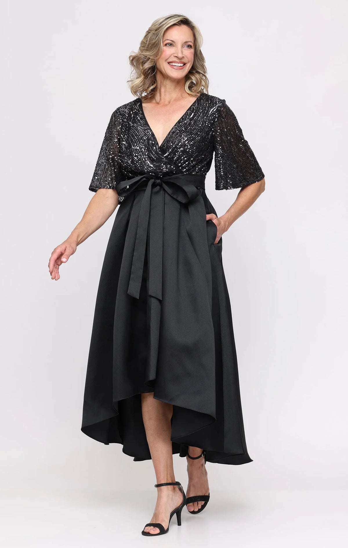 High-Low Mikado Gown with Sequined Surplice Bodice
