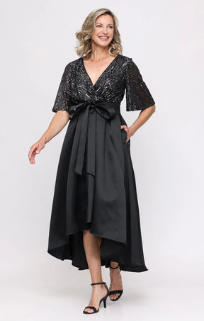 High-Low Mikado Gown with Sequined Surplice Bodice