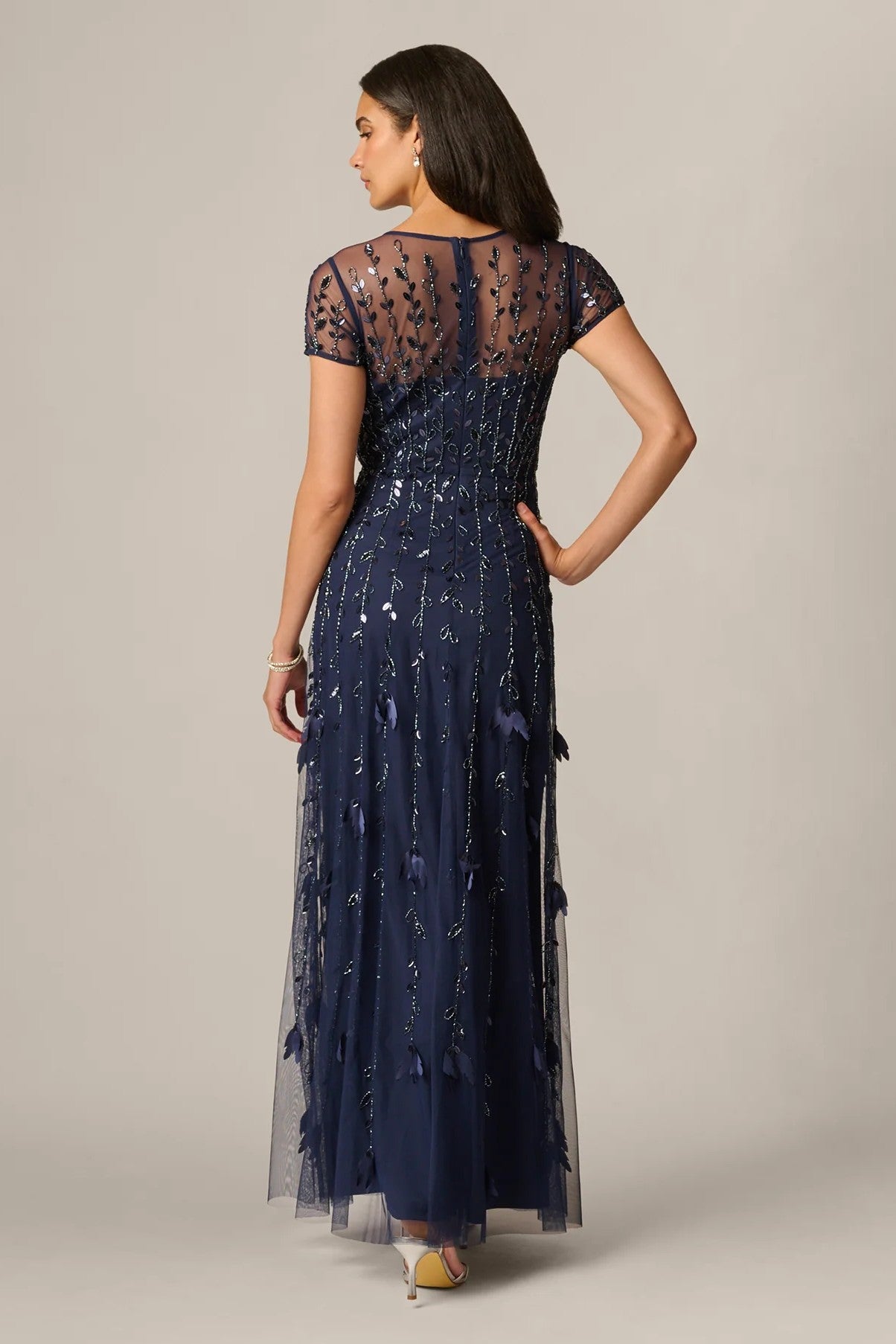 Illusion Short Sleeve 3D Beaded Vine Gown