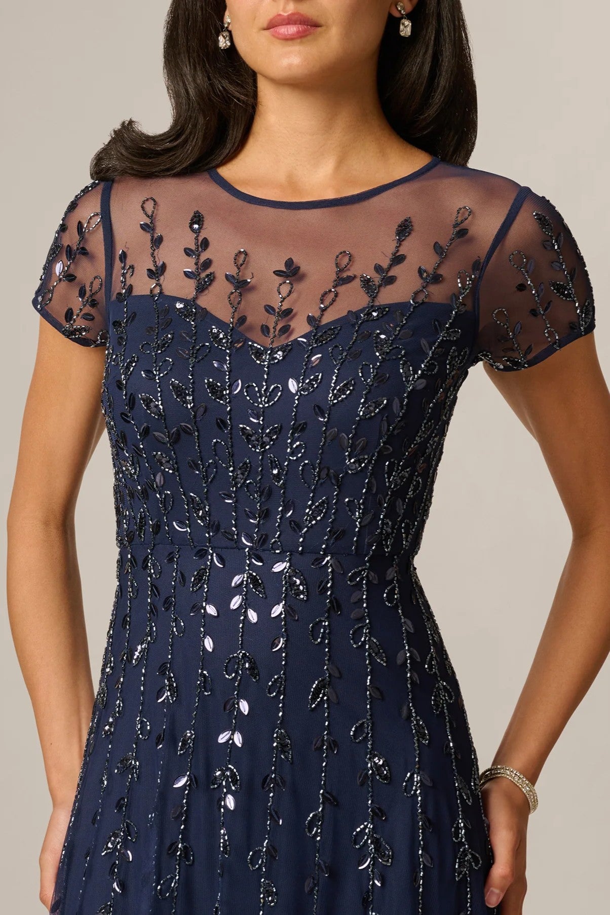 Illusion Short Sleeve 3D Beaded Vine Gown