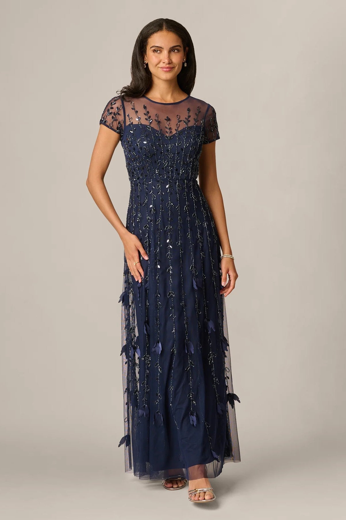 Illusion Short Sleeve 3D Beaded Vine Gown