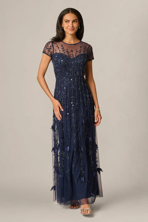Illusion Short Sleeve 3D Beaded Vine Gown