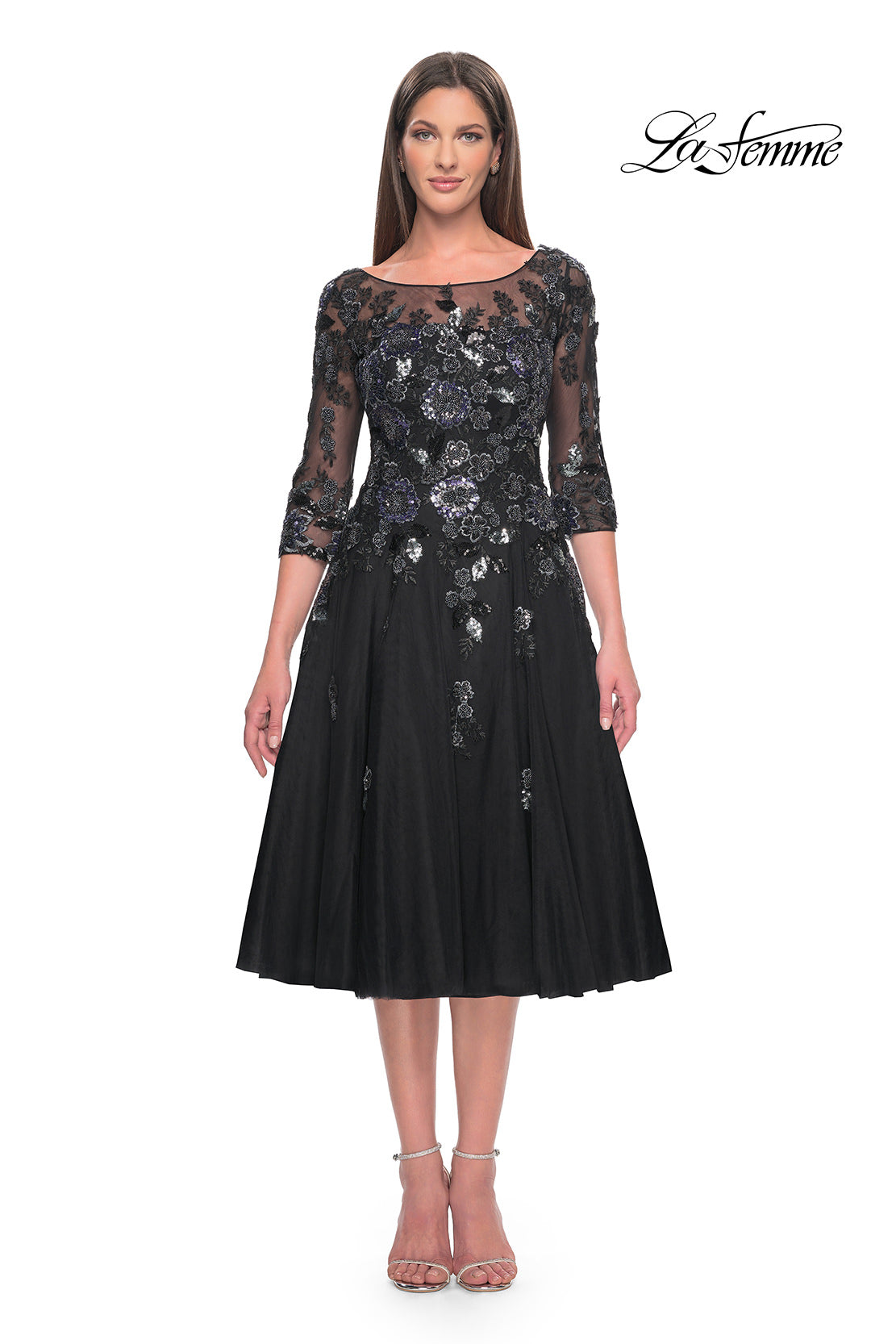 Illusion Sleeve Tea Length Dress with Sequined Floral Accents