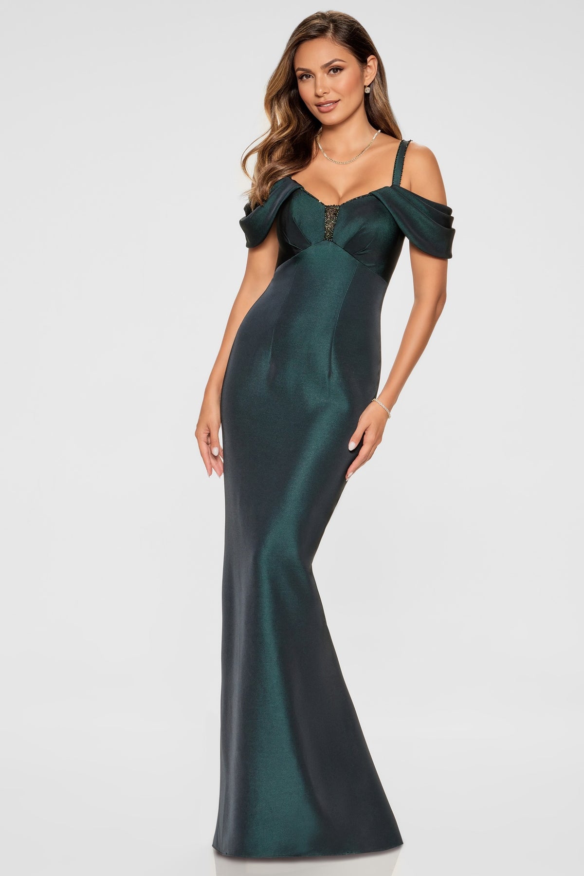 Iridescent Gabardine Drape Shoulder Gown