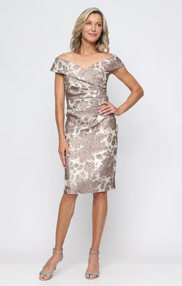 Jacquard Off Shoulder Side Ruched Dress | Lizzy's by Cathy Allan