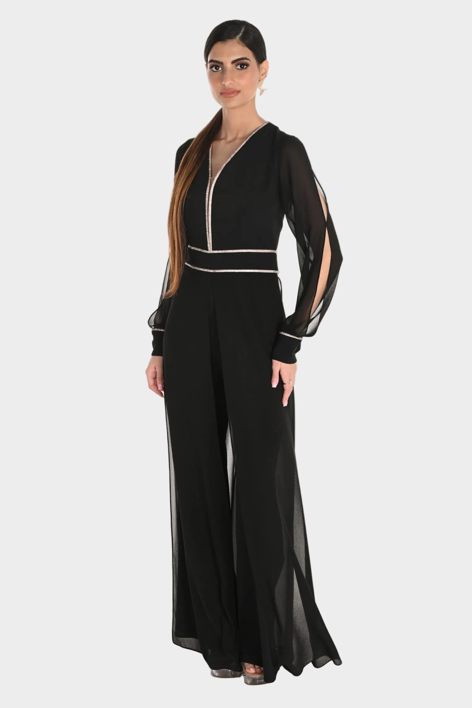 Jewel Trim Chiffon Sleeve Jumpsuit