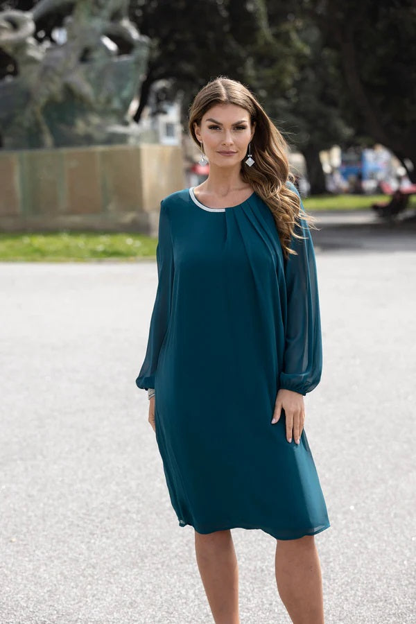 Jewel Trim Long Sleeve Dress with Split Back Overlay