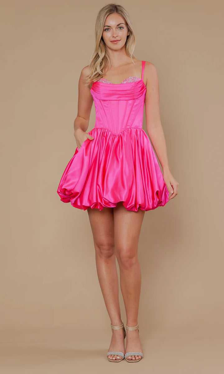 Jewelled Corset Bubble Hem Short Satin Dress | Lizzy's by Cathy Allan
