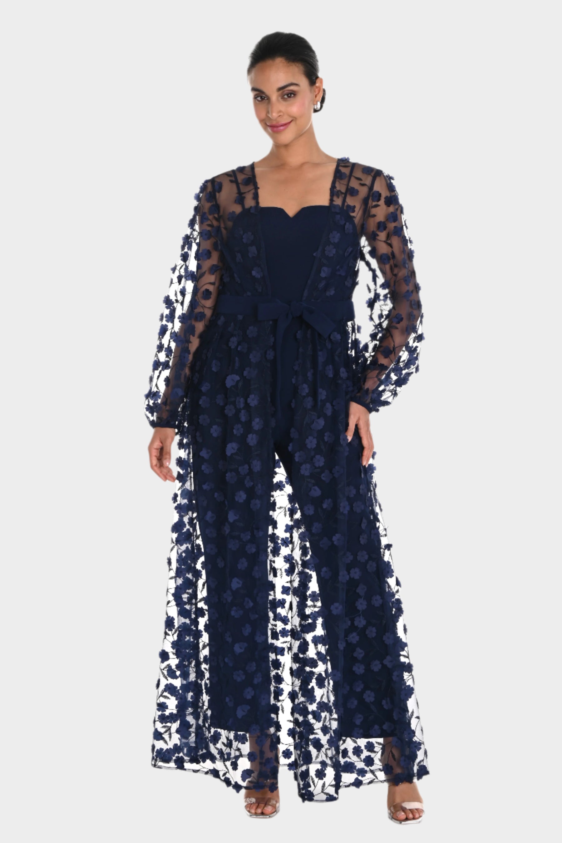 Jumpsuit with Floral Applique Long Sheer Jacket