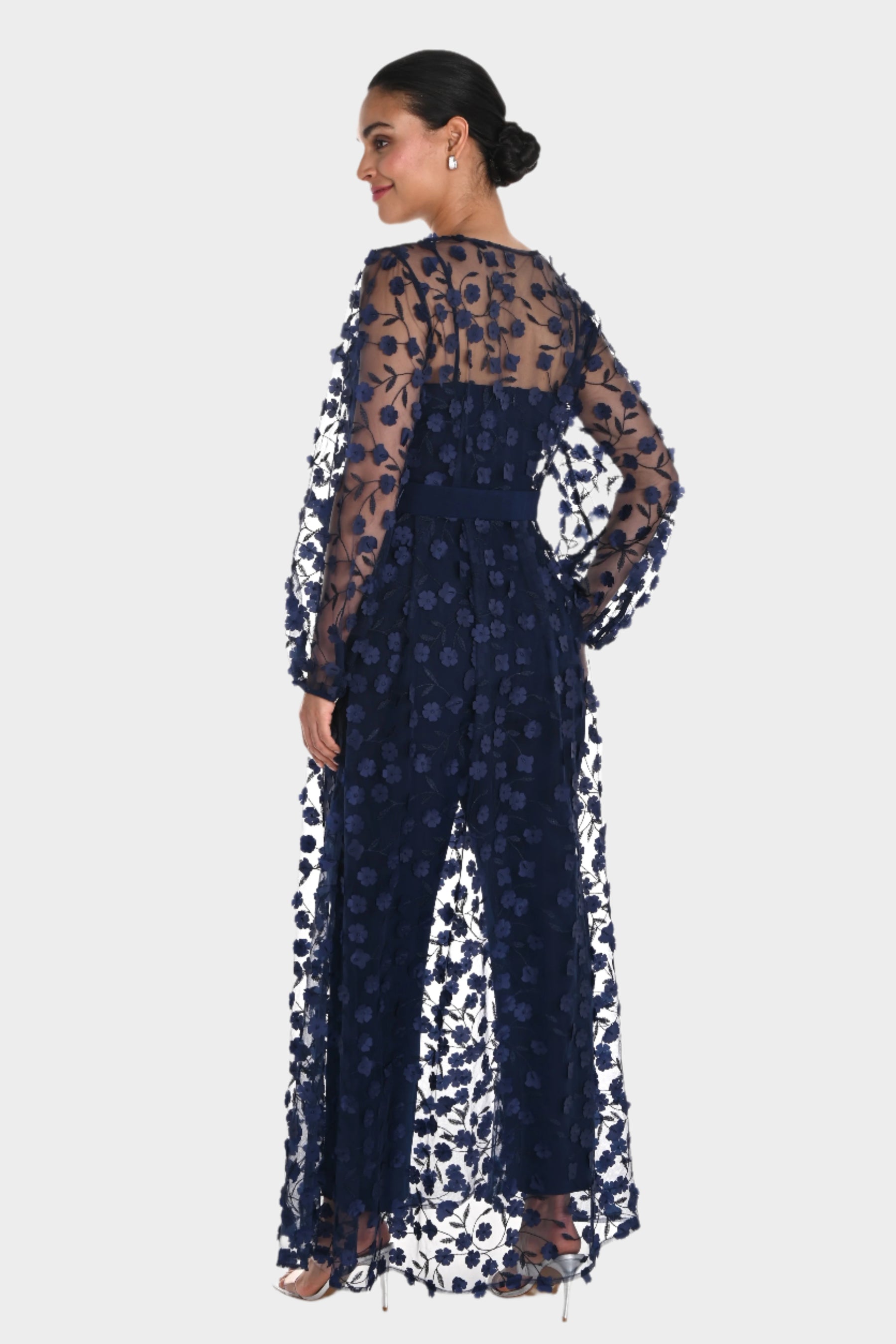 Jumpsuit with Floral Applique Long Sheer Jacket