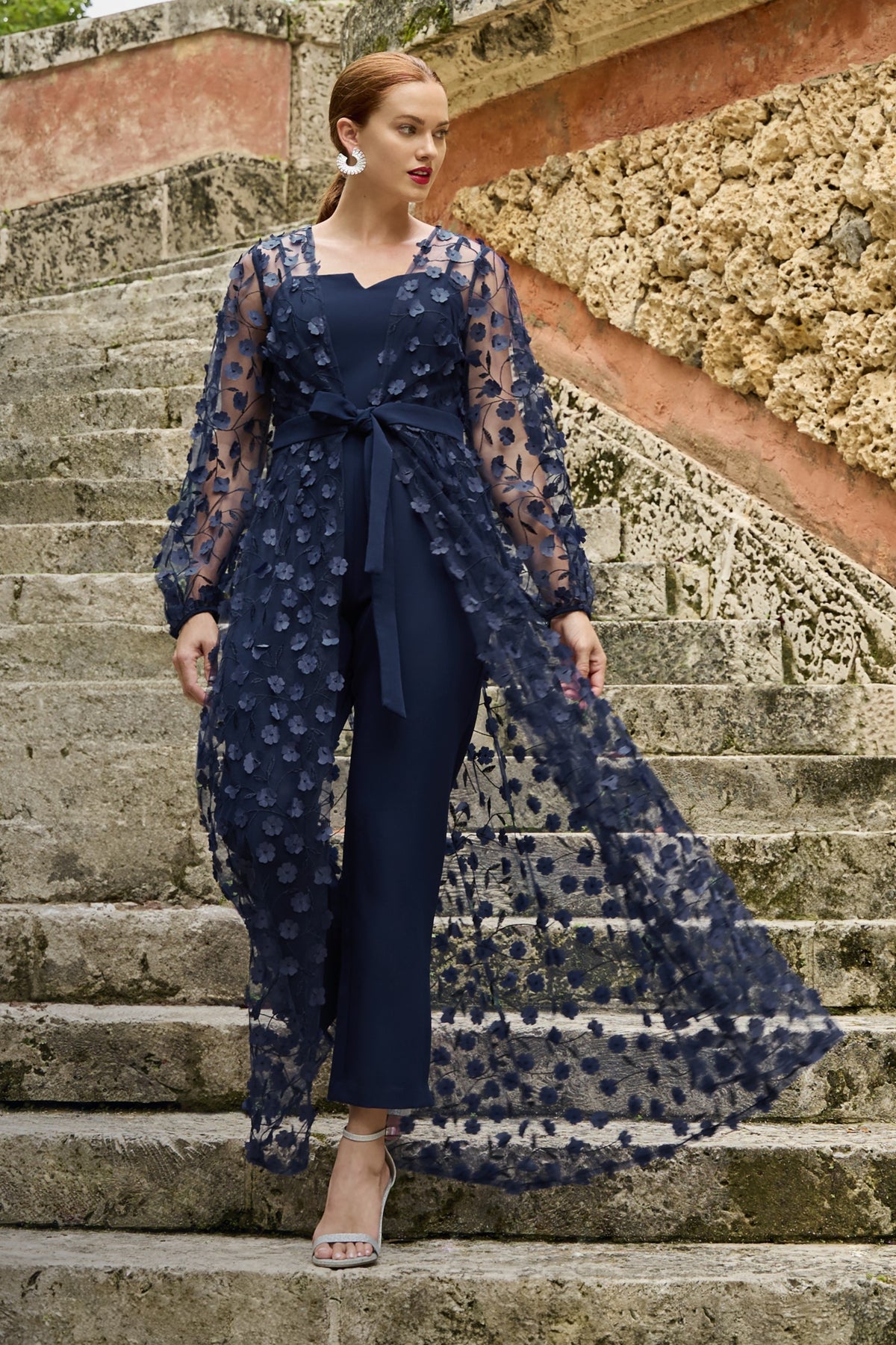 Jumpsuit with Floral Applique Long Sheer Jacket