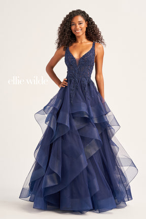 Lace Applique Layered Tulle Gown
