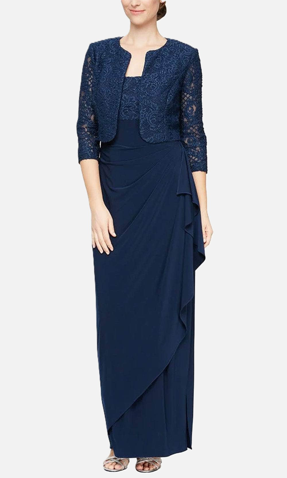 Lace Bodice Side Ruched Dress with Bolero Jacket