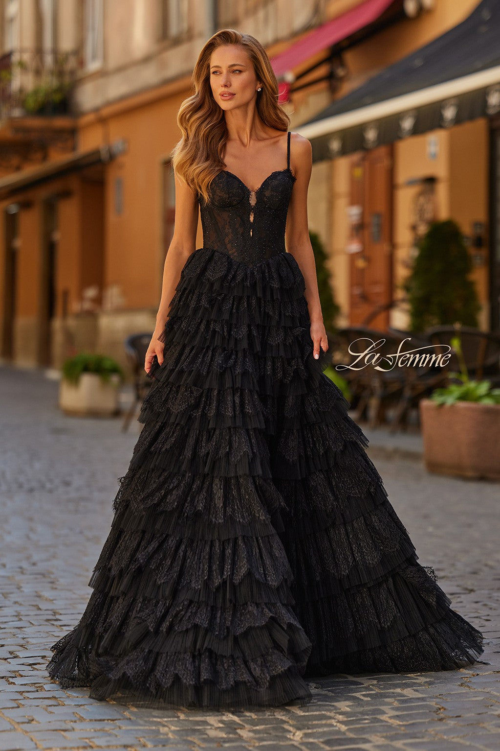 Lace Showstopper Cascading Tiered Corset Ballgown