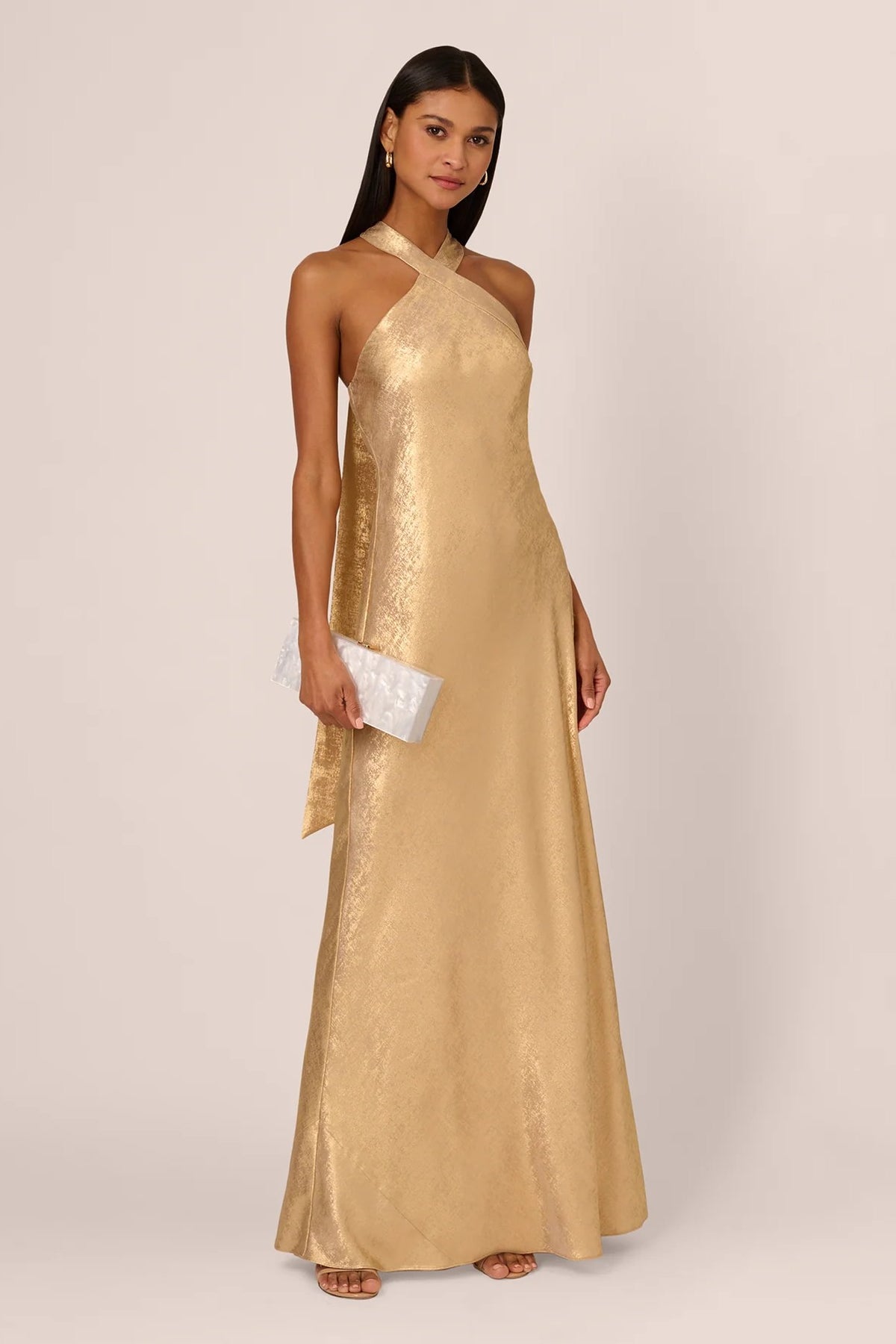 Light Gold Foiled Woven Halter Gown