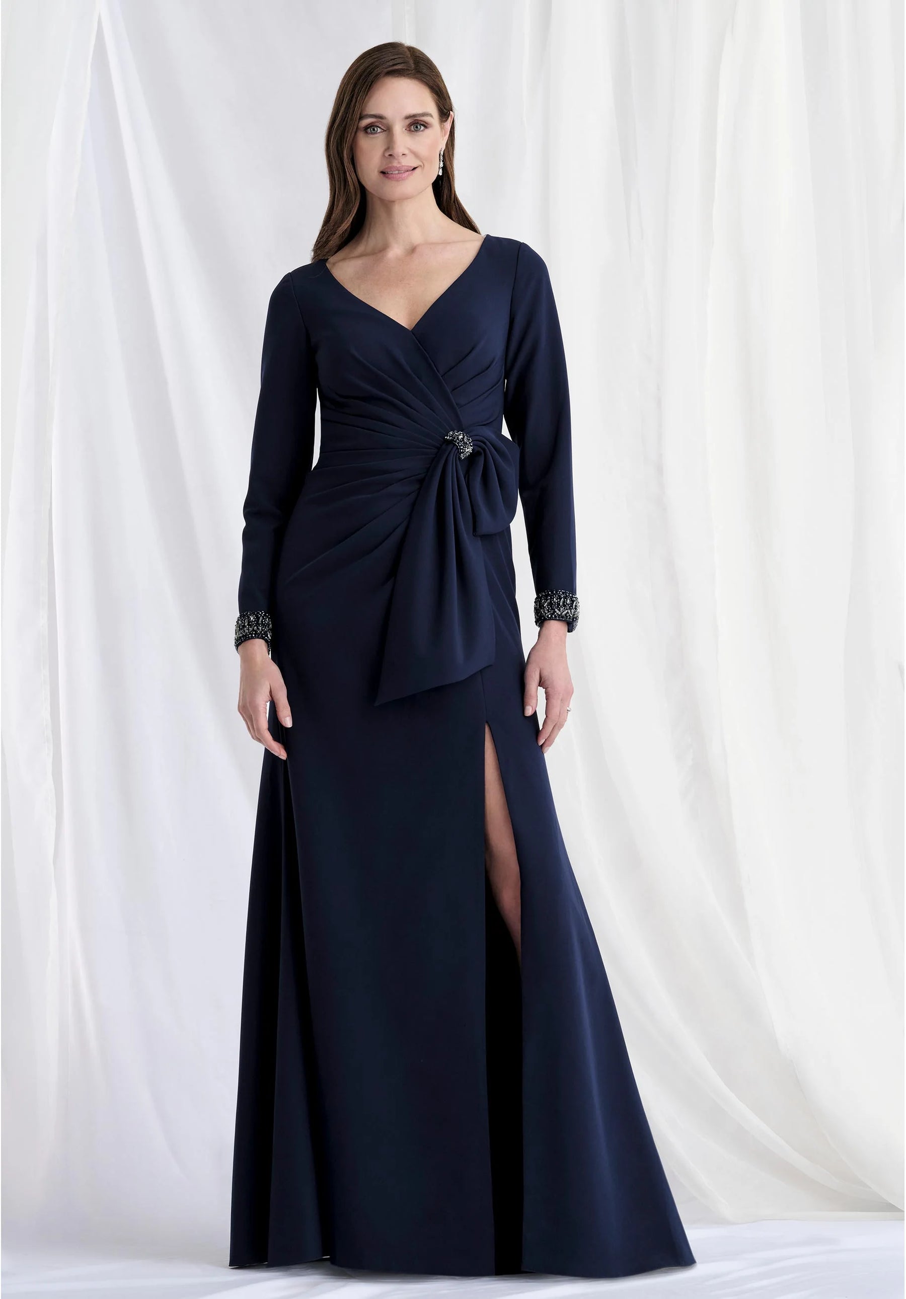 Long Sleeve Bow & Bead Accented Gown