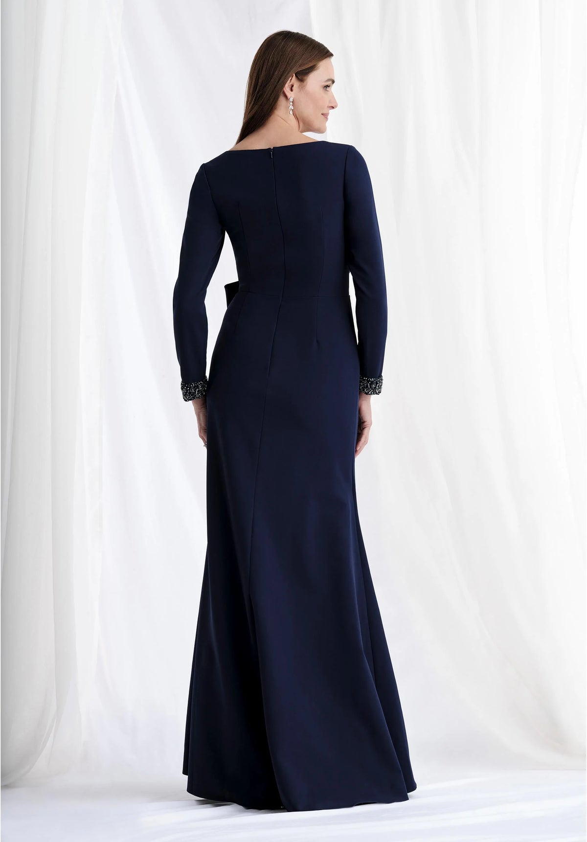Long Sleeve Bow & Bead Accented Gown