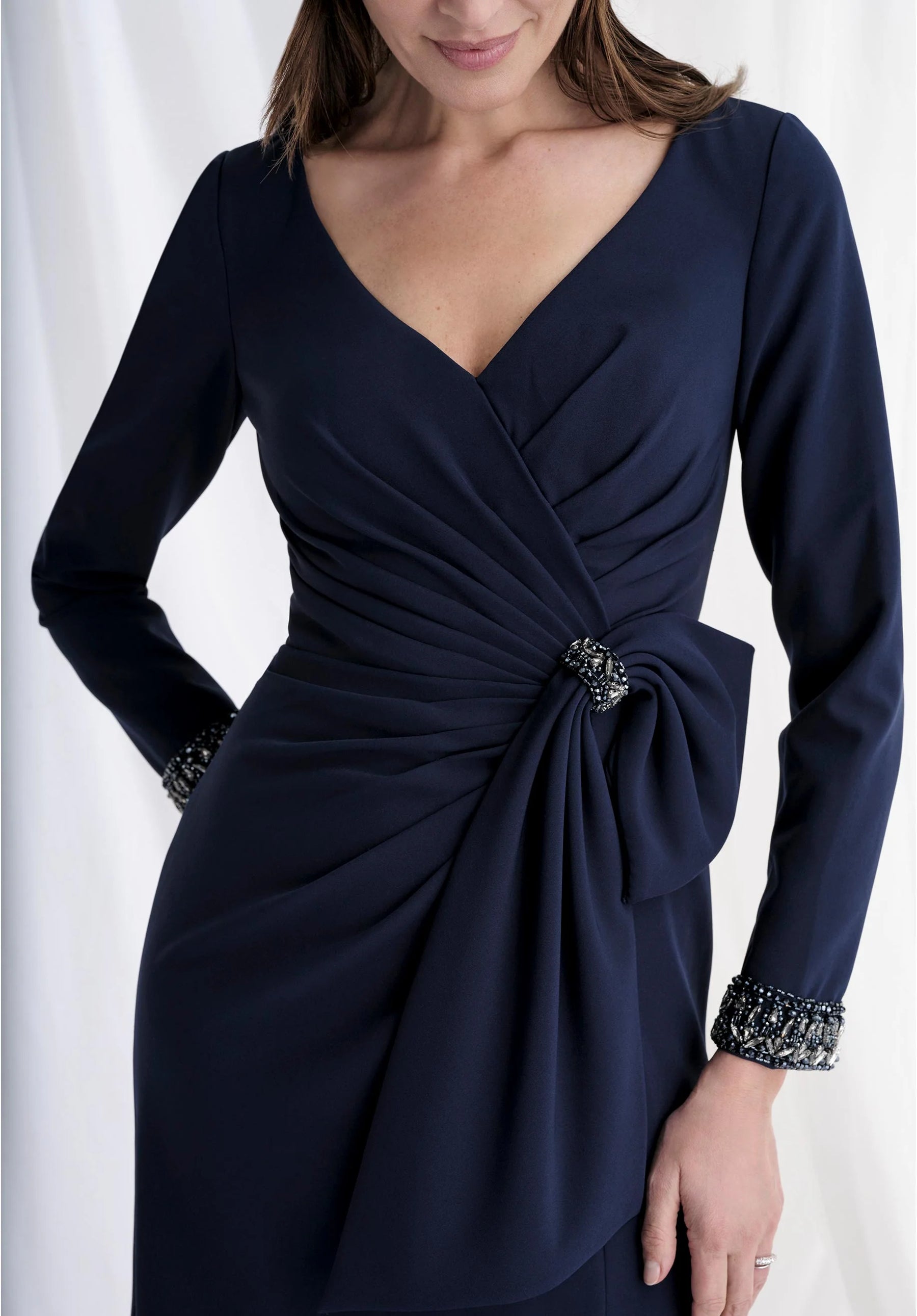 Long Sleeve Bow & Bead Accented Gown
