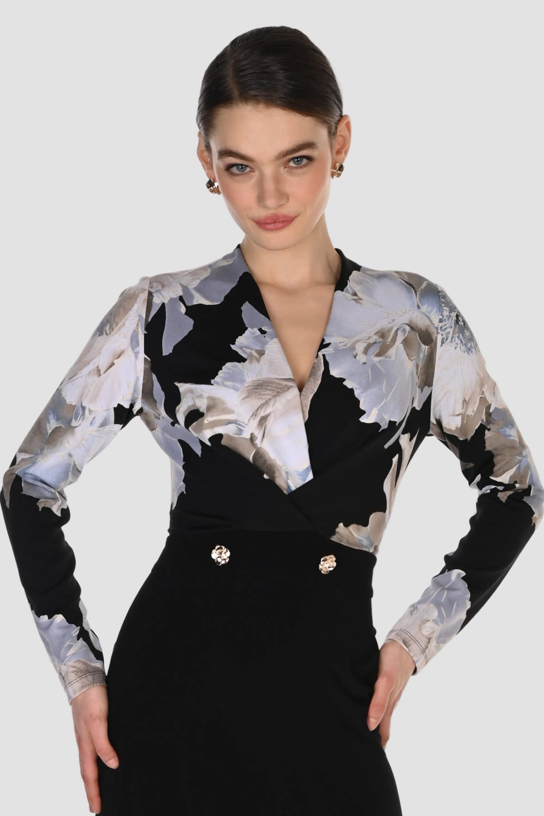 Long Sleeve Floral Bodice Jumpsuit with Gold Button Detail
