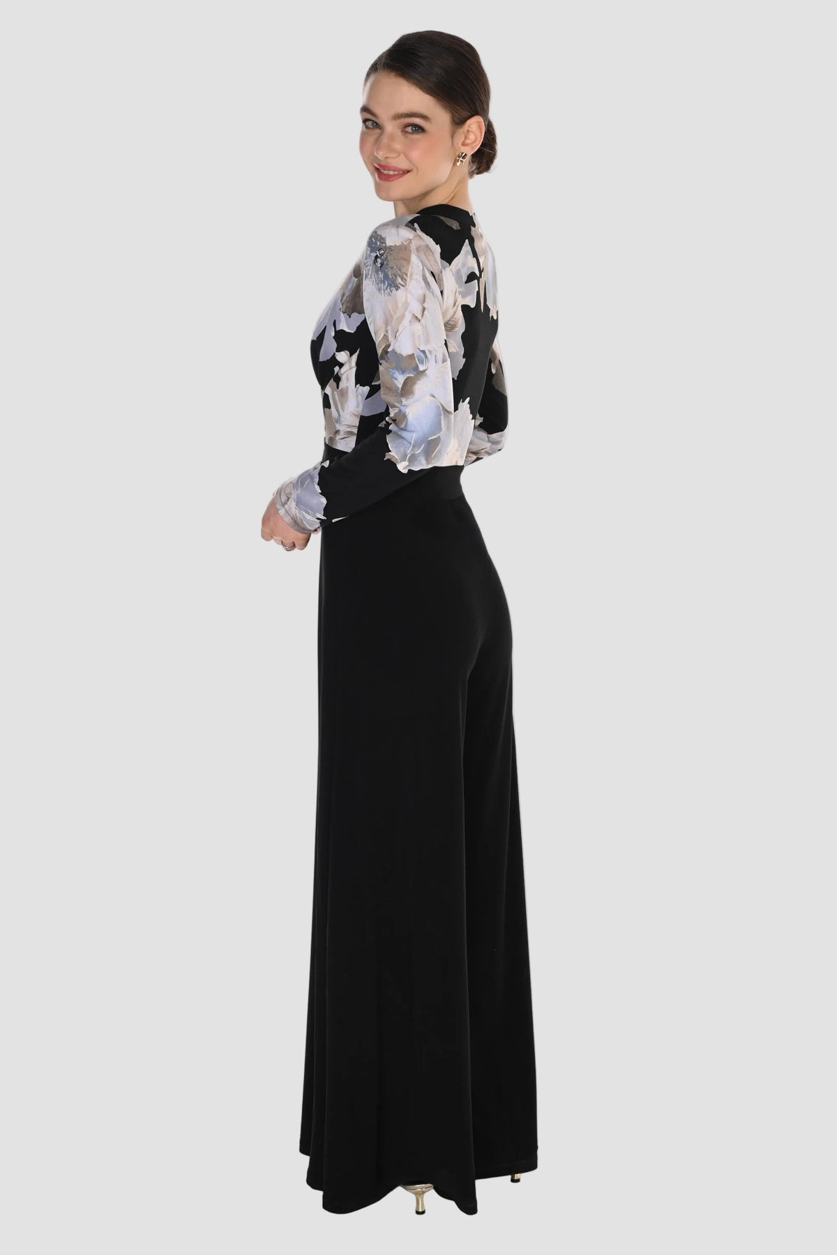 Long Sleeve Floral Bodice Jumpsuit with Gold Button Detail