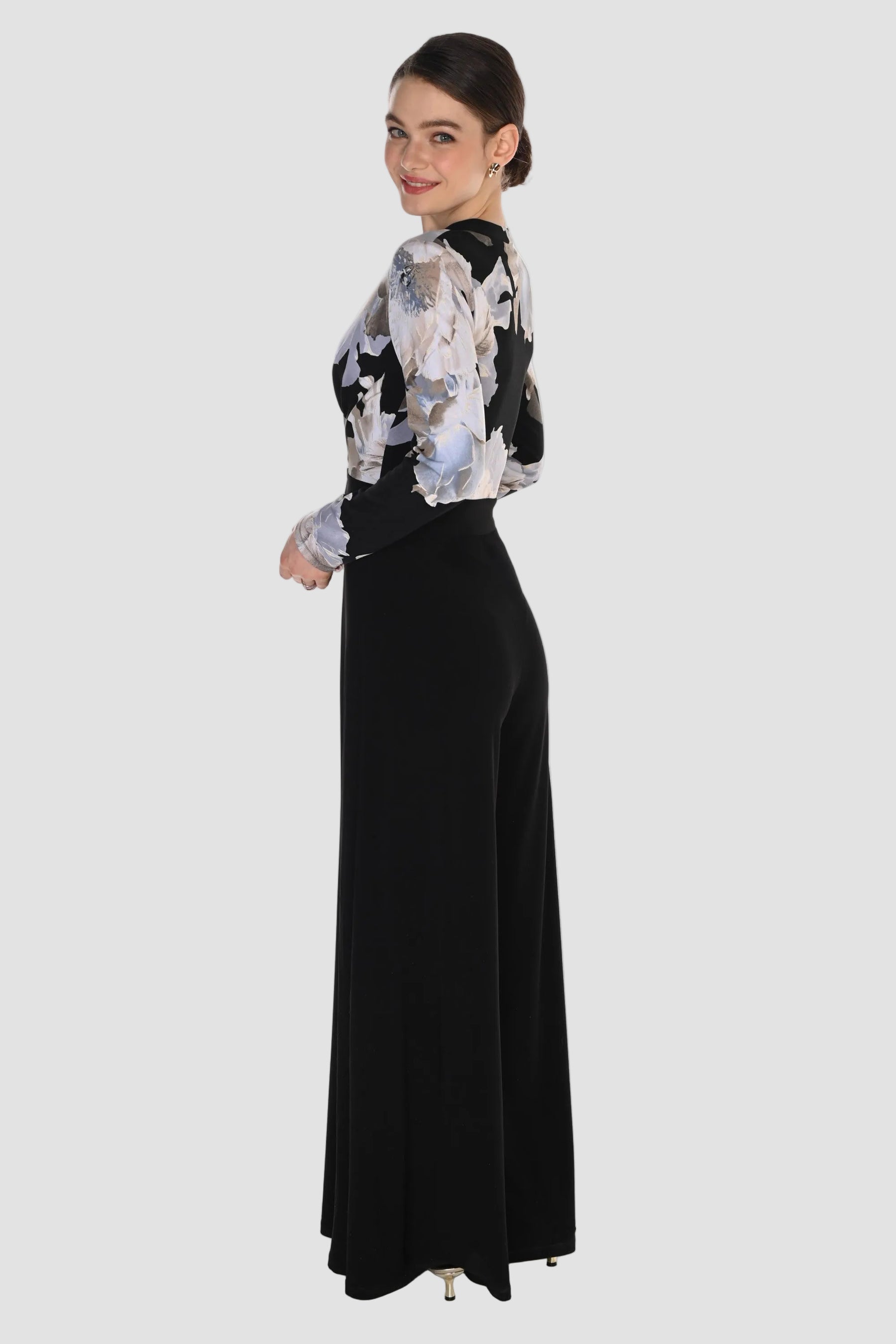 Long Sleeve Floral Bodice Jumpsuit with Gold Button Detail