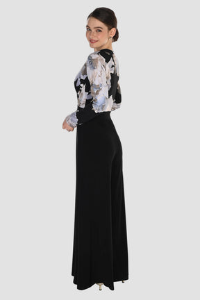 Long Sleeve Floral Bodice Jumpsuit with Gold Button Detail