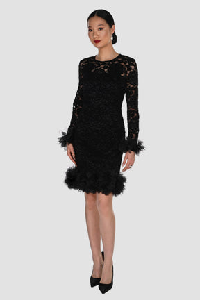 Long Sleeve Lace Cocktail Dress with Ruffled Tulle Accents