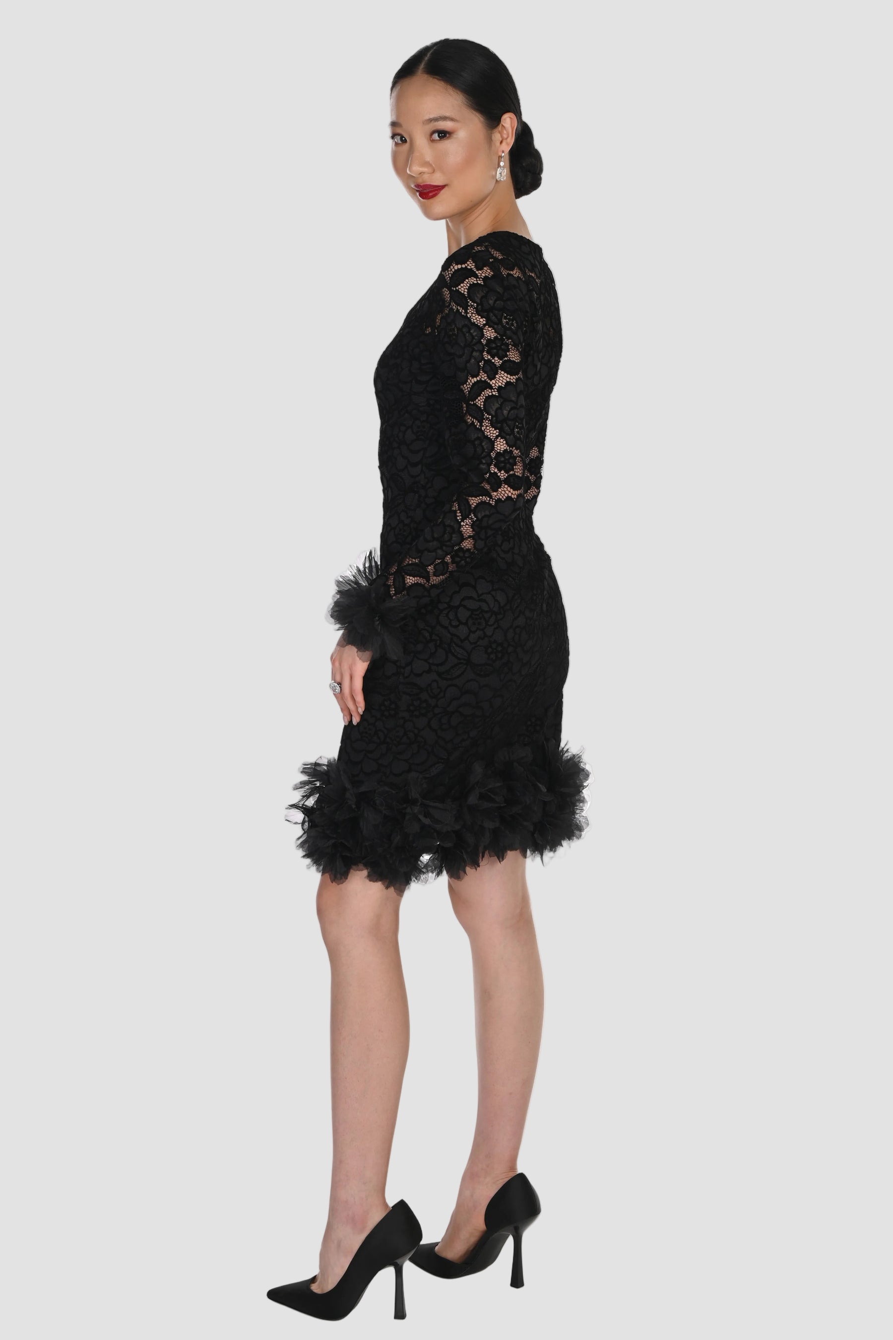 Long Sleeve Lace Cocktail Dress with Ruffled Tulle Accents
