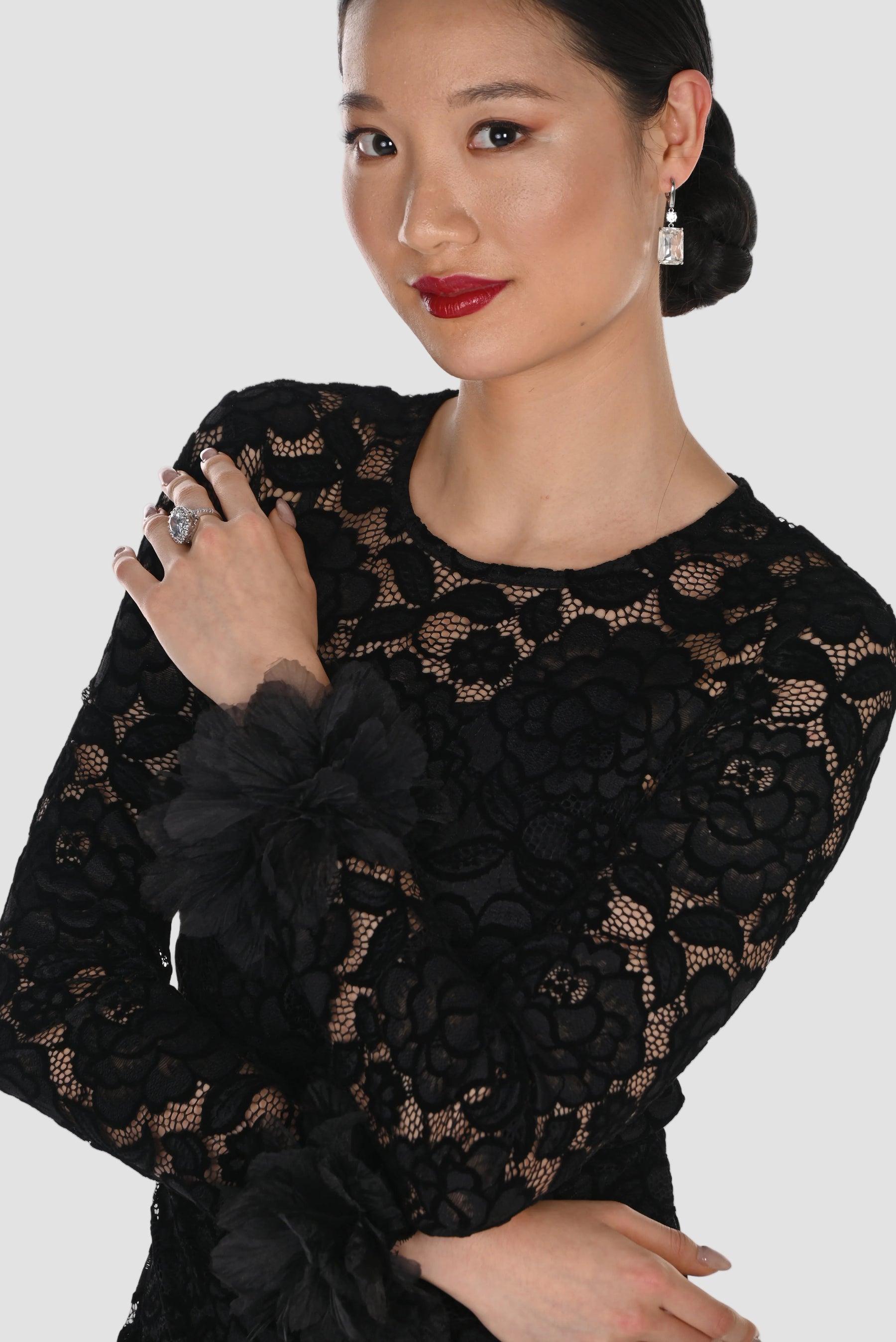 Long Sleeve Lace Cocktail Dress with Ruffled Tulle Accents