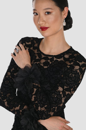 Long Sleeve Lace Cocktail Dress with Ruffled Tulle Accents