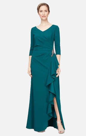 Long V-Neck Dress With Cascading Side Ruffle