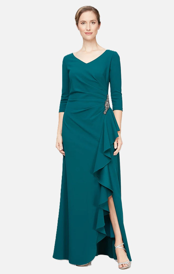 Long V-Neck Dress With Cascading Side Ruffle