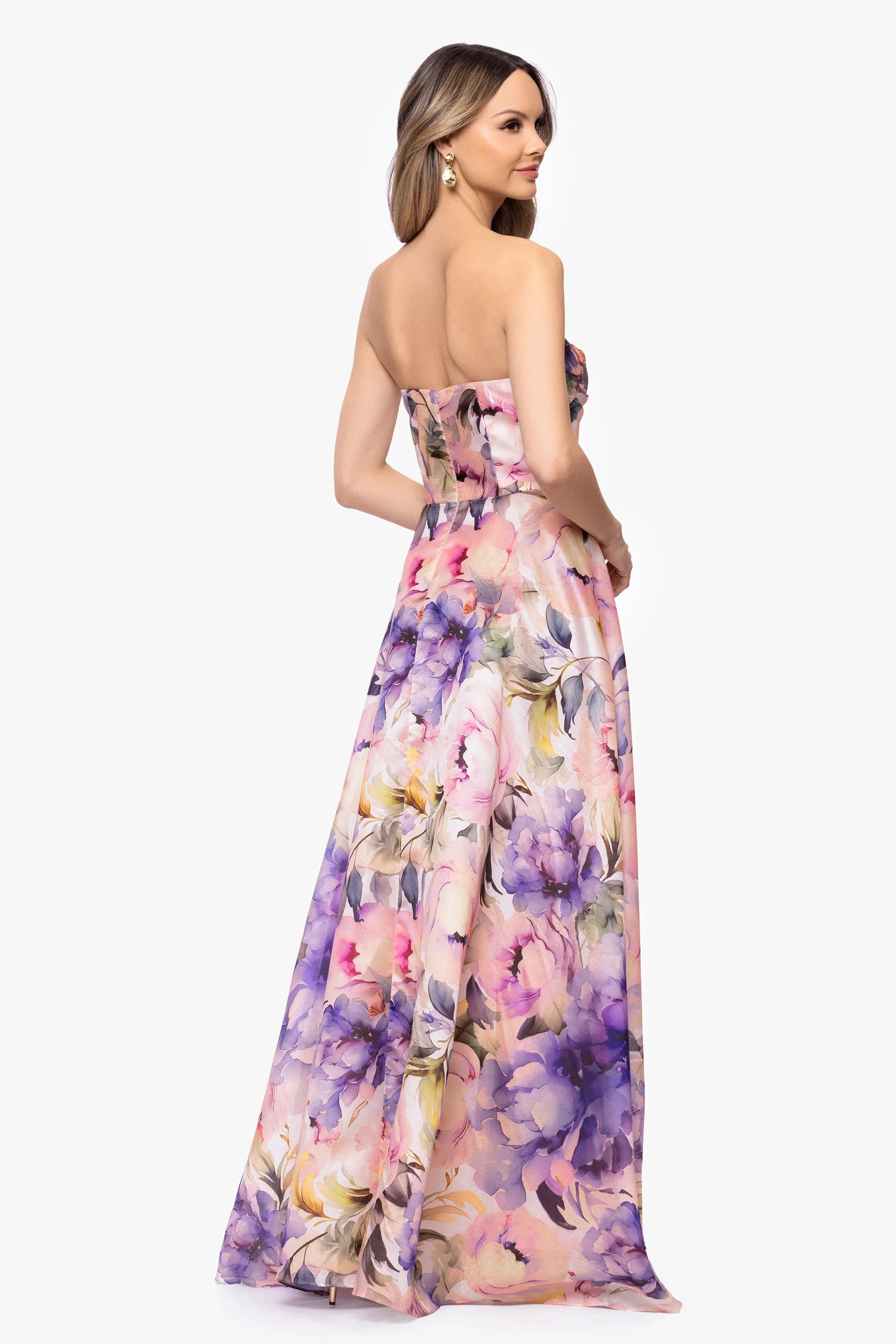 Louisa Organza Floral Printed Strapless Dress