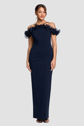 Luna Organza Ruffle Off Shoulder Crepe Gown