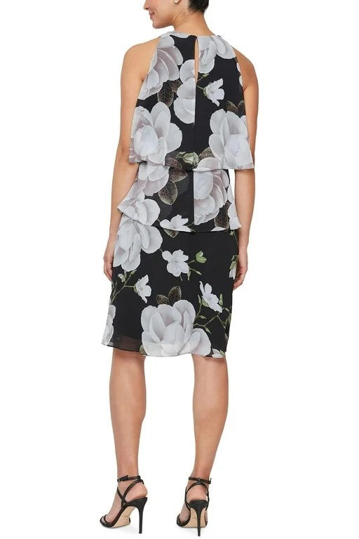 Magnolia Print Overlay Halter Dress