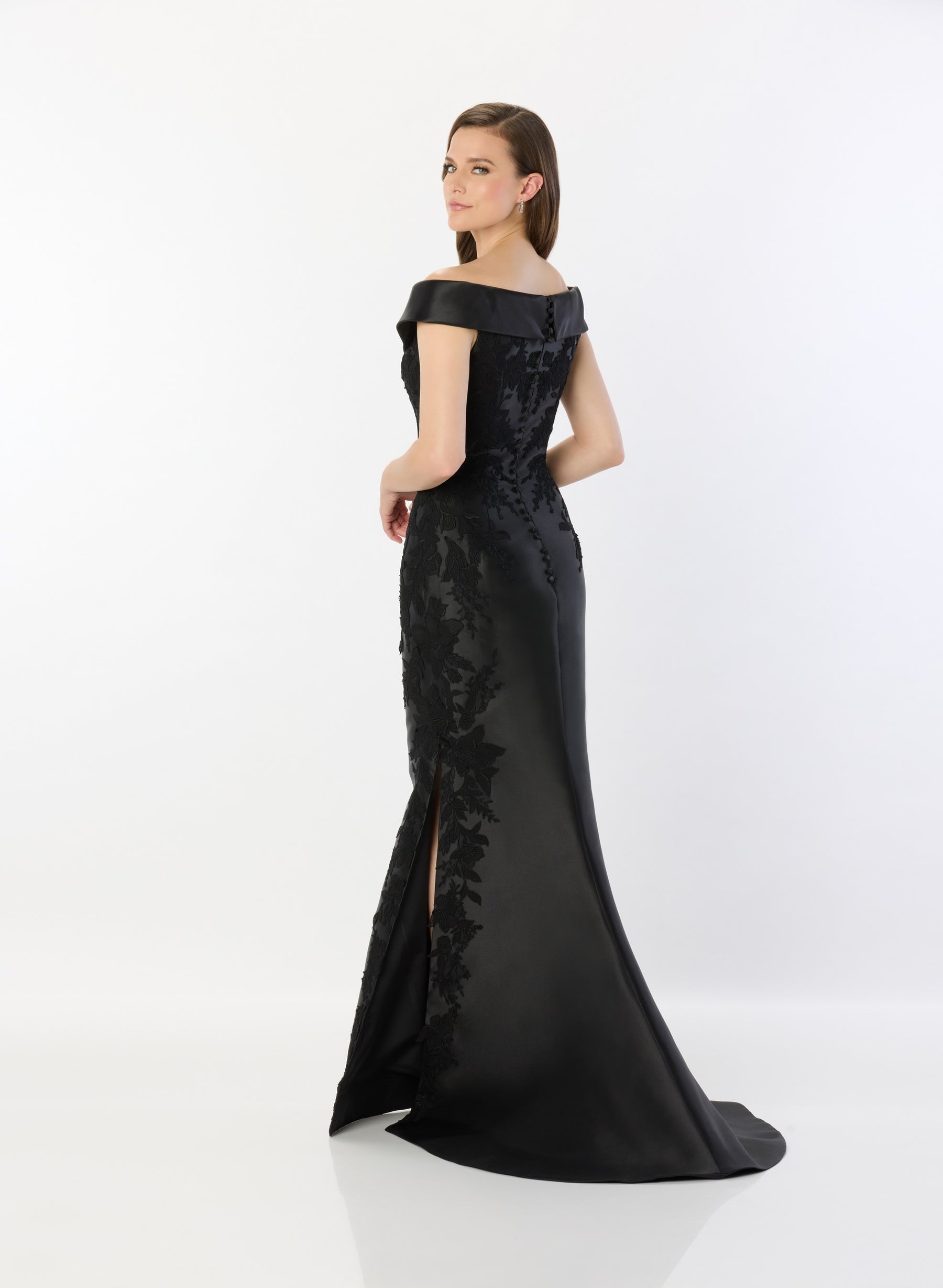 Mikado Off Shoulder Gown With Floral Appliques