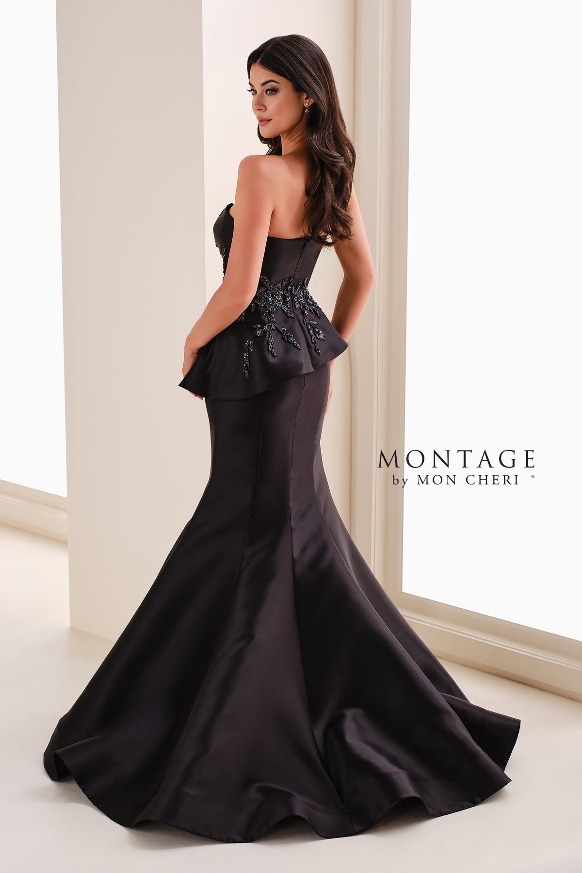 Mikado Strapless Beaded Applique Mermaid Gown With Peplum Bodice